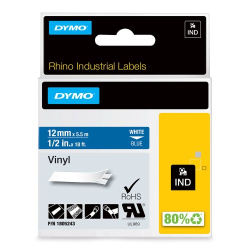 Dymo Rhino Vinilinė Juostelė 1805243 12mm x 5.5m baltas ant mėlynos