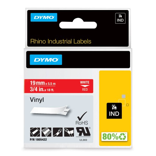 Dymo Rhino Vinilinė Juostelė 1805422 19mm x 5.5m baltas ant raudonos