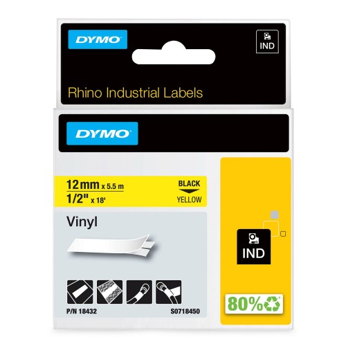 Dymo Rhino Vinilinė Juostelė 18432 12mm x 5.5m juodos ant geltonos