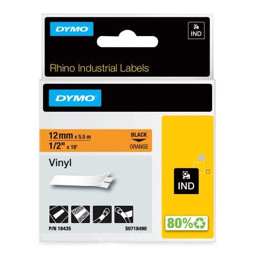 Dymo Rhino Vinilinė Juostelė 18435 12mm x 5.5m juodas ant oranžinės