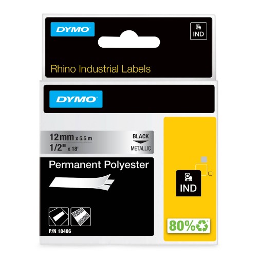 Dymo Rhino Poliesterio Juostelė 18486 12mm x 5.5m juodas ant metalizuotos / tvirtai prilimpanti