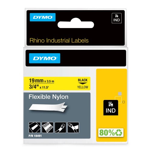 Dymo Rhino Nailono Juostelė 18491 19mm x 3.5m juodas ant geltonos / lanksti