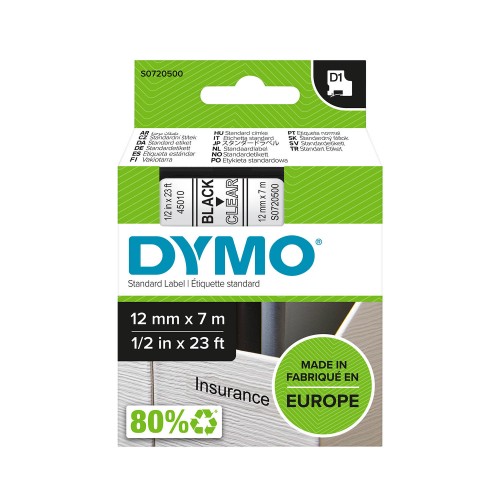 Dymo Juostelė D1 45010 12mm x 7m / juodas ant skaidrios – S0720500