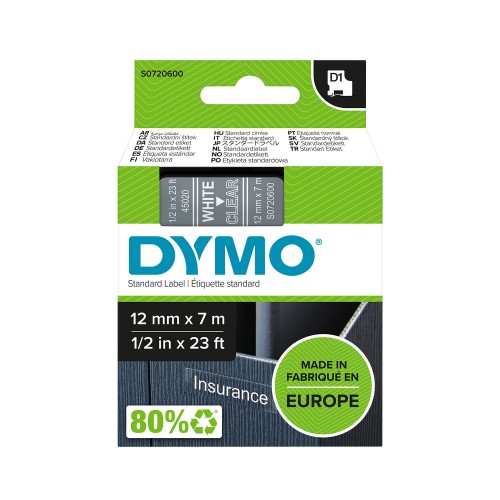 Dymo Juostelė D1 45020 12mm x 7m / baltas ant skaidrios – S0720600