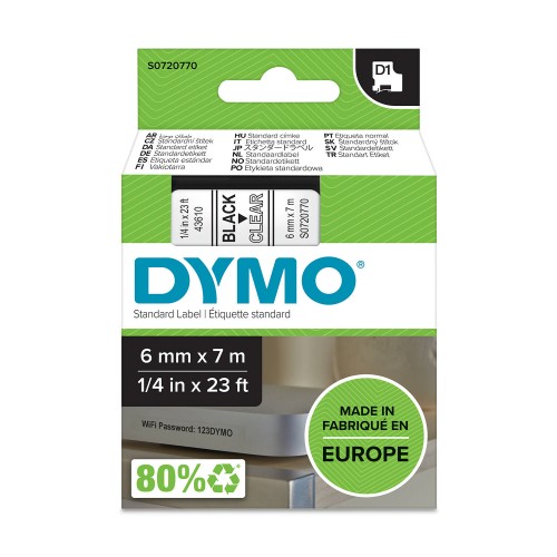 Dymo Juostelė D1 43610 6mm x 7m juodas ant skaidrios – S0720770