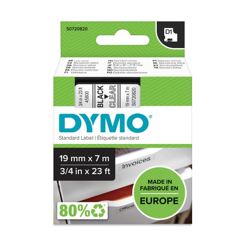 Dymo Juostelė D1 45800 19mm x 7m / juodas ant skaidrios – S0718060
